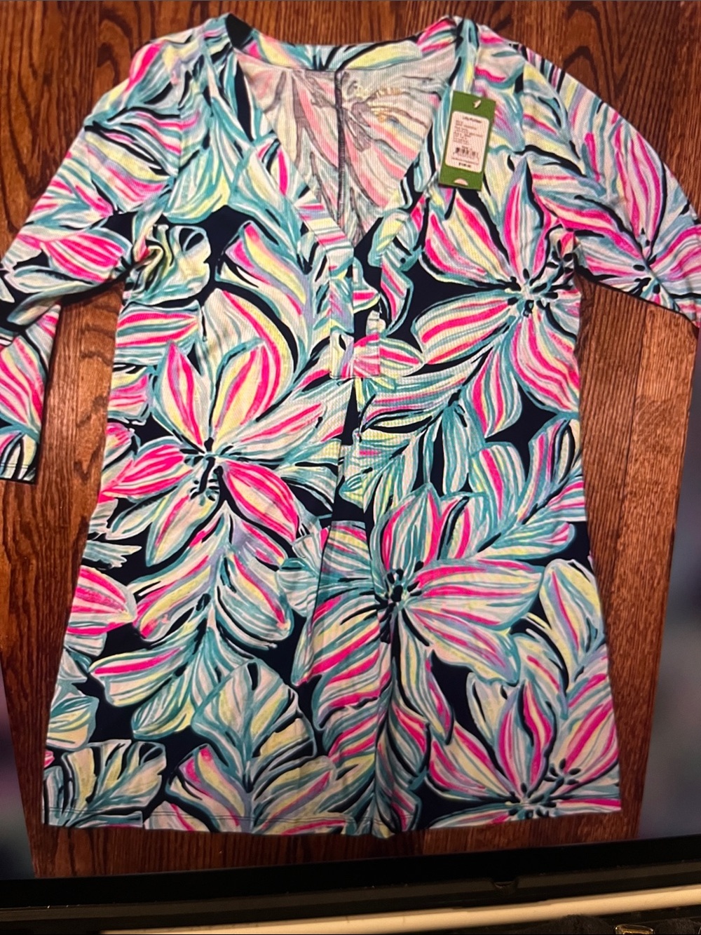 Lilly Pulitzer Navy Floral V-Neck Mini Dress with Pink & Aqua Blooms